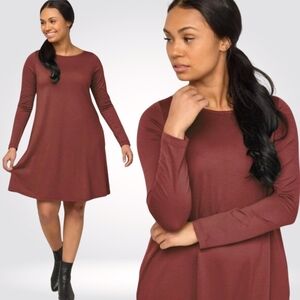 Wool& Rowena Swing Dress Merino Wool Long Sleeves Comfort Redwood/Burgandy Sz L